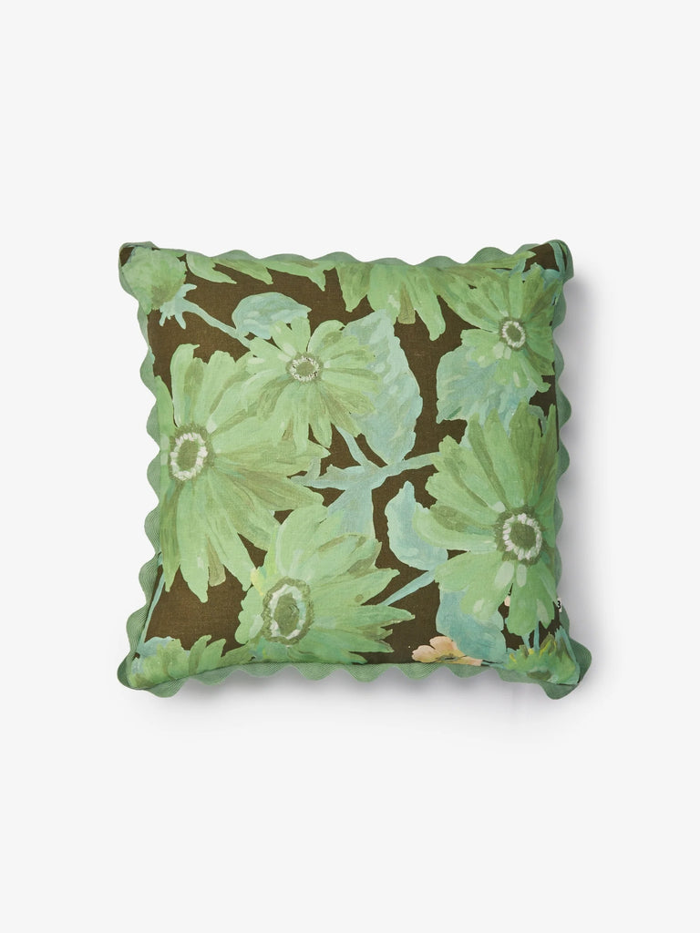 Marigold Khaki Linen Cushion by Bonnie and Neil - Floral patterned cushion or throw pillow with green flowers and scalloped mint trim on a brown background.
