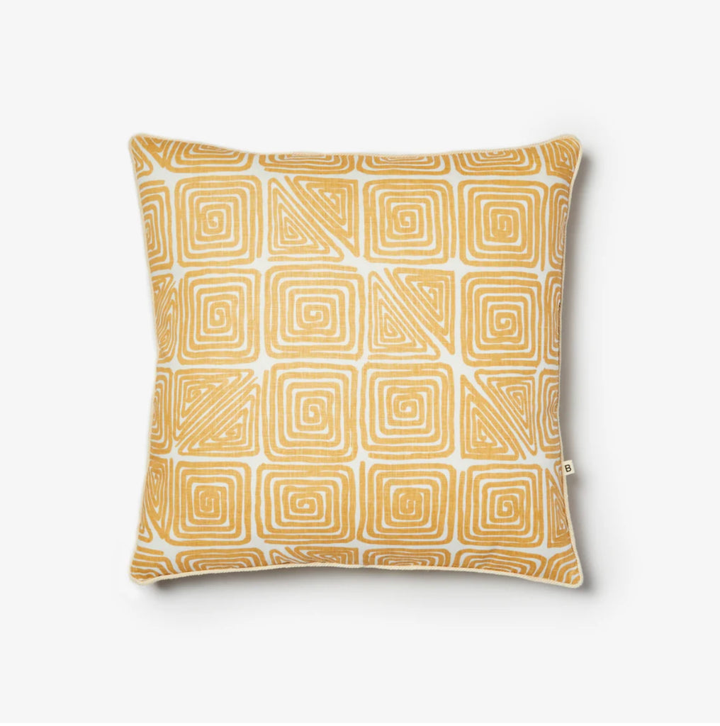 Maze Wheat Cushion by Bonnie & Neil - A square linen cushion with geometric pattern in yellow.