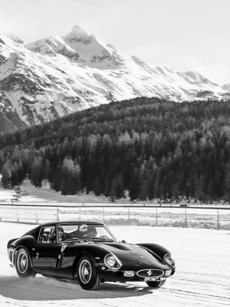 Midnight Magic by Stuart Cantor - A photography print of a Ferrari 250 GTO in motion across St Moritz's frozen lake during the prestigious ICE event.