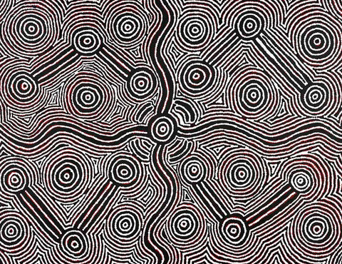 Photographic Edition print by Reva Nungarrayi Dickson depicts ‘Jukurrpa’ (Dreaming) and comes from Mina Mina, a very important women’s Dreaming site.