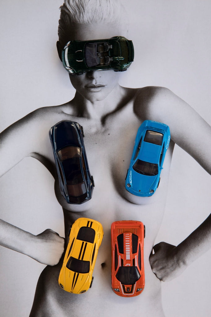 Move Me by Dina Broadhurst - A mixed-media art print featuring colourful matchbox cars, paired with black & white fashion photography.