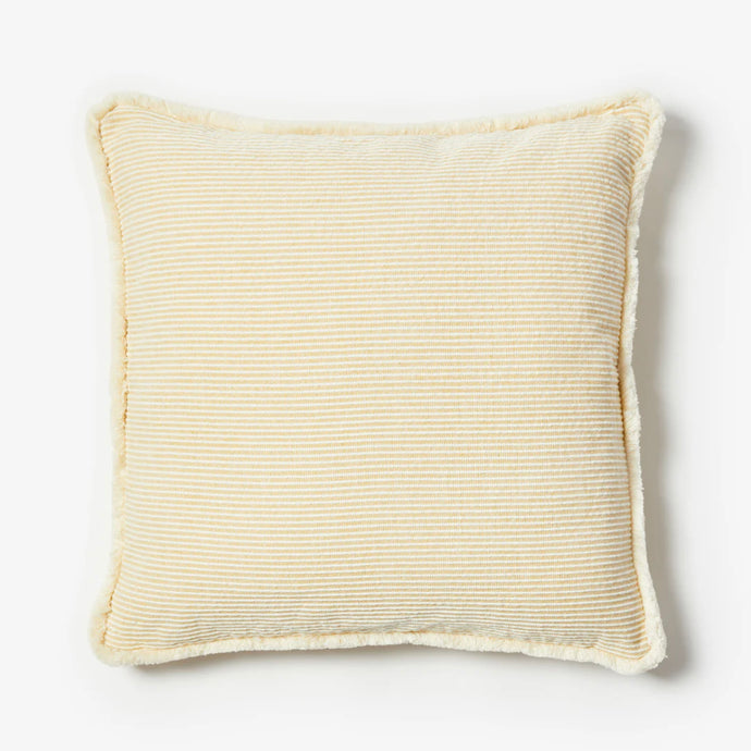 Nile Mustard Cushion by Bonnie and Neil - A square, striped cushion in mustard with cream fringed edge.