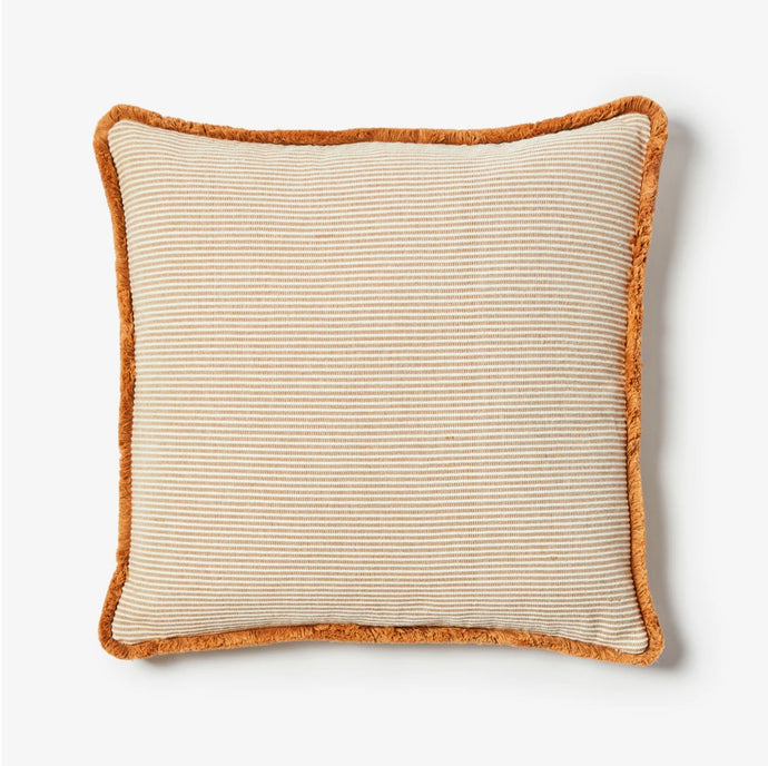 Nile Tan Cushion by Bonnie and Neil - A square, striped cushion in tan with brown fringed edge.