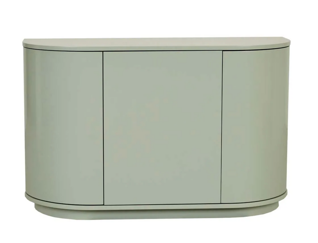 Oberon Crescent Storage Unit Gloss Sage by GlobeWest  - A storage unit, with three compartments in a curved design and a sage colourway.