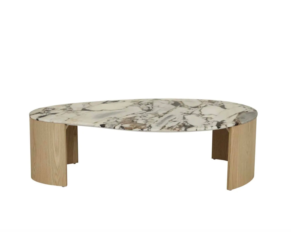 The Oberon Curve Coffee Table in Matte Ocean Marble/Natural Ash by GlobeWest - This coffee table features an organic-shaped marble top & curved veneer legs in oak.