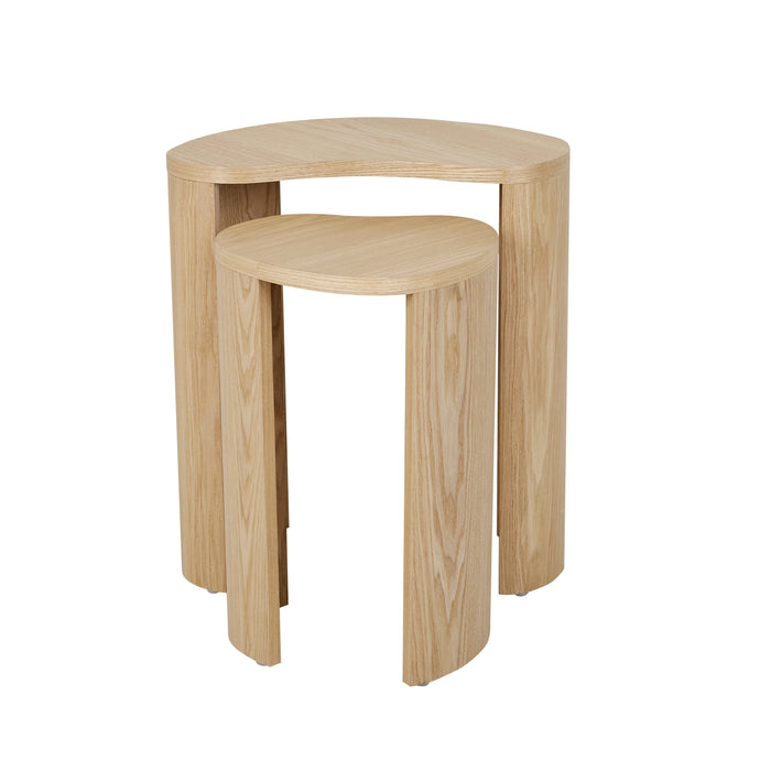 Oberon Curve Nest Tables Natural Ash by GlobeWest - An image of two nesting side tables, with modern curves, in natural ash.