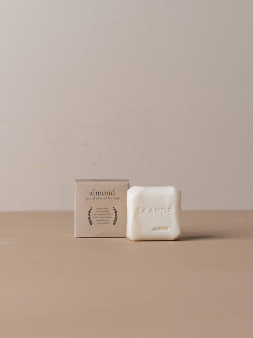 Olive Oil Bar Soap Almond by Saardé - Olive Oil Bar Soap in the scent Almond, with beige packaging.