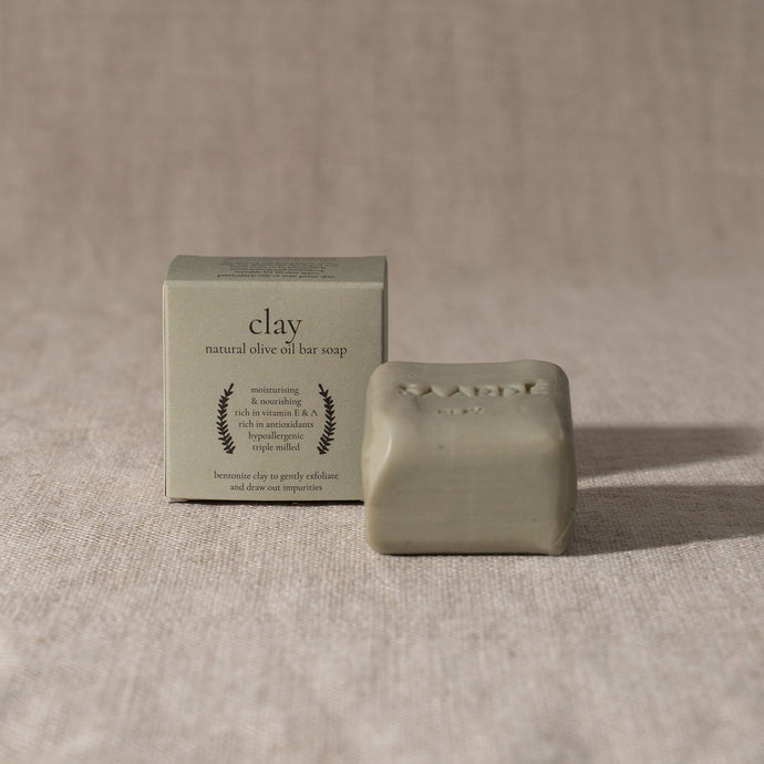 Olive Oil Bar Soap Clay by Saardé - A square soap bar with olive green packaging.