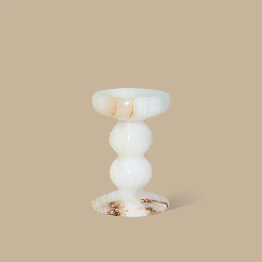 Orb Onyx Candle Holder by Black Blaze - A medium sized white onyx candle holder with curved column base in a classical stye.