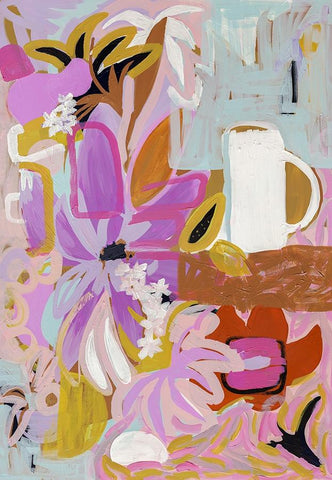 Paw Paw by Morgan Jamieson. Vibrant and contemporary limited edition art print layering bold florals in pinks and purples with playful tropical motifs. 