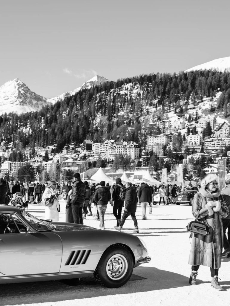Peggy by Stuart Cantor - A black and white photography print of a vintage car in the snow.