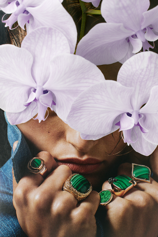 Play On My Mind Lilac Orchids by Dina Broadhurst - An Original Appropriation artwork, using mixed media of a girl with green jewellery and lilac orchids.