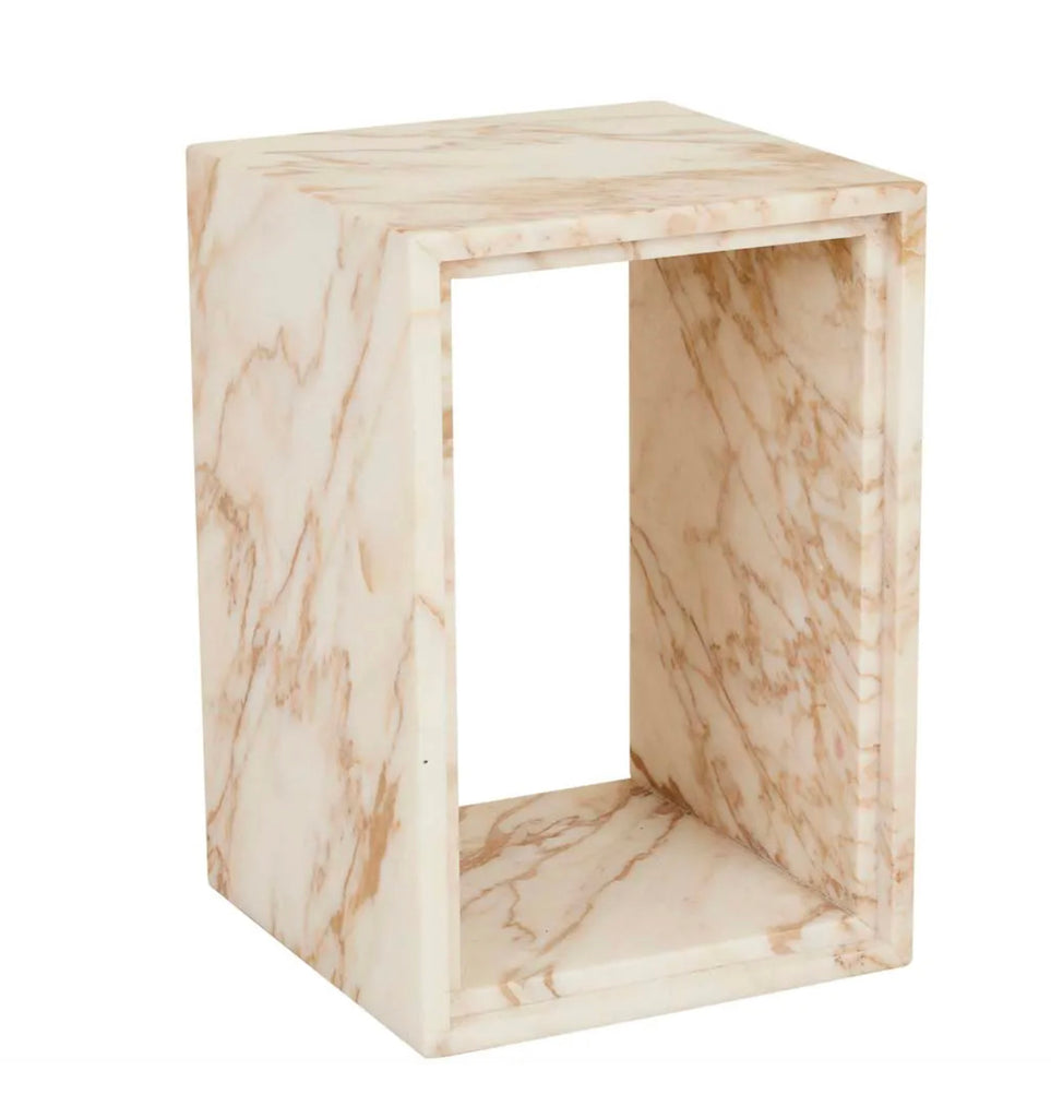 Ponte Side Table Golden White Marble by GlobeWest  - The Ponte Side Table has intricate carving & stepped edging for a contemporary look. Its rich golden white marble with darker veins will enhance any interior.