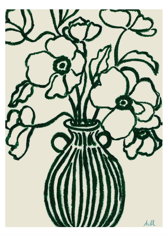 Poppy Studies III by The Poster Club - An abstract art print in green of a flower vase with green stripes.