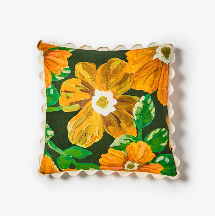 Rosetta Marigold Cushion 50cm by Bonnie and Neil - A square cushion with scalloped edge featuring contrasting orange & olive green botanical print.