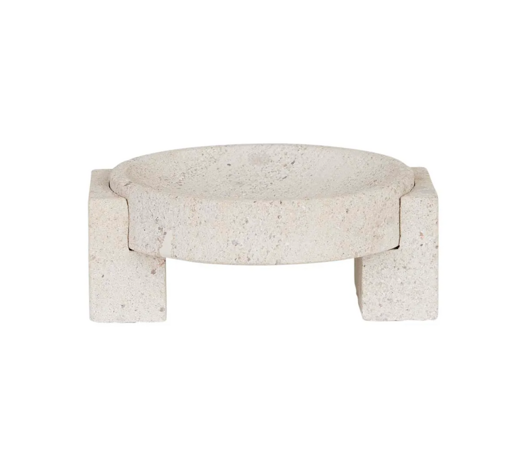 Rufus Hedra Bowl Honey Bei Marble by GlobeWest - A geometrically sculptured solid marble bowl with side ends and raised cup in honeycomb beige tones.