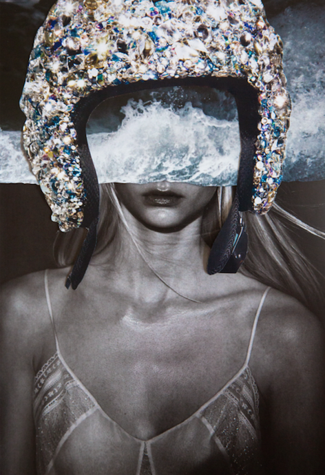 Rush To The Head by Dina Broadhurst - An original appropriation artwork of a model in black and white with a bedazzled helmet and a wave, created using mixed media.