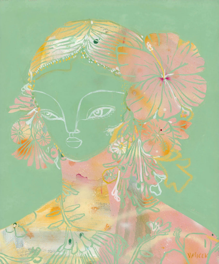 Santi by Jai Vasicek - An artwork of a figure surrounded by flowers in pinks, yellows and green tones.