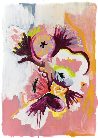 She's A Wildflower by Morgan Jamieson. Dynamic and expressive abstract floral limited edition art print with bold purples and soft blush background.