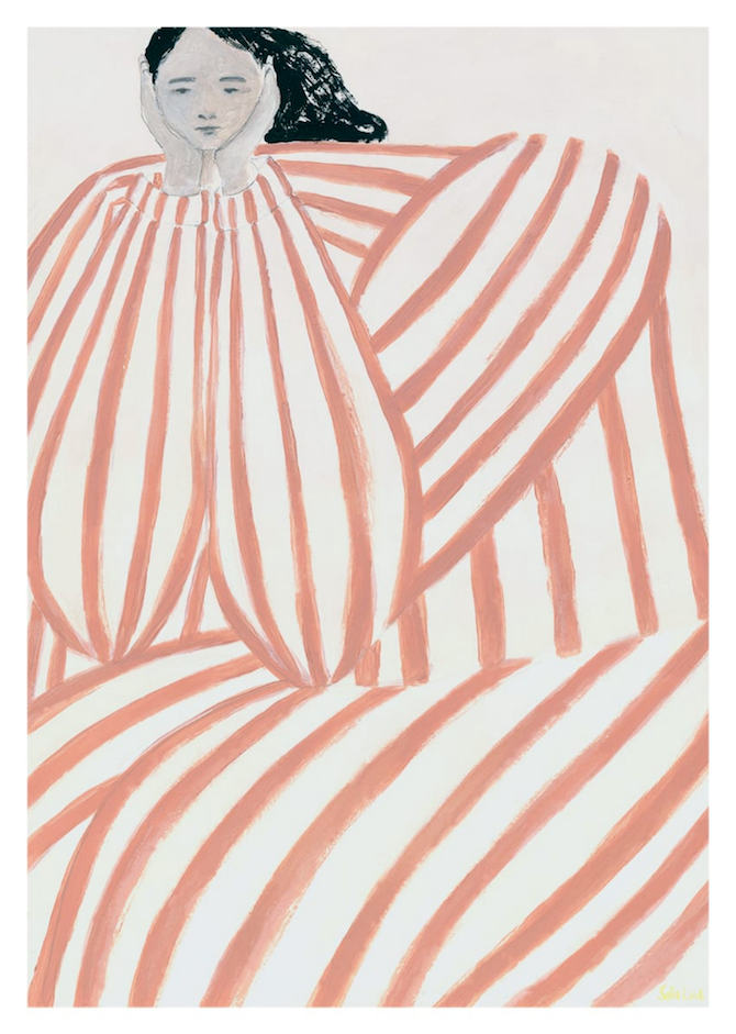 Still Waiting by The Poster Club - An abstract art print of an illustrated lady in bold pink stripes.