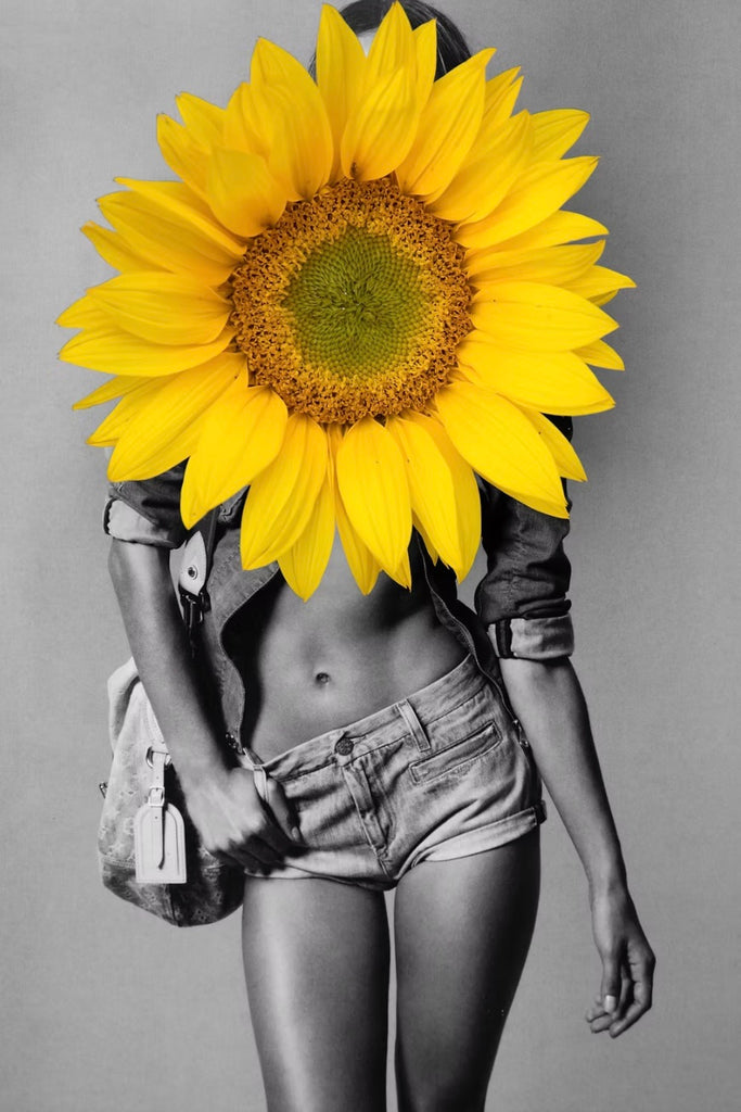 Sun Flower by Dina Broadhurst - A mixed media art print featuring black and white fashion photography with a yellow sunflower over the model's face.