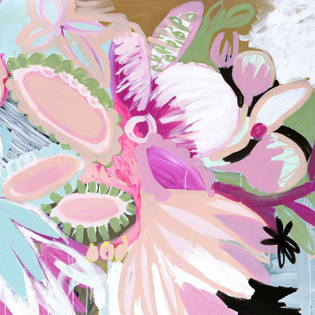 Sunflower & Banksia by Morgan Jamieson. Bold abstract limited edition art print using sweeping brushstrokes, vivid pinks and greens.
