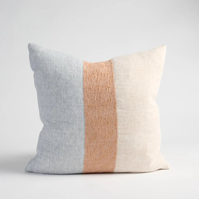 Tallows Linen Cushion in Natural/Ochre/Blue by Eadie Lifestyle - A square, striped linen cushion in natural, ochre and blue colourway.