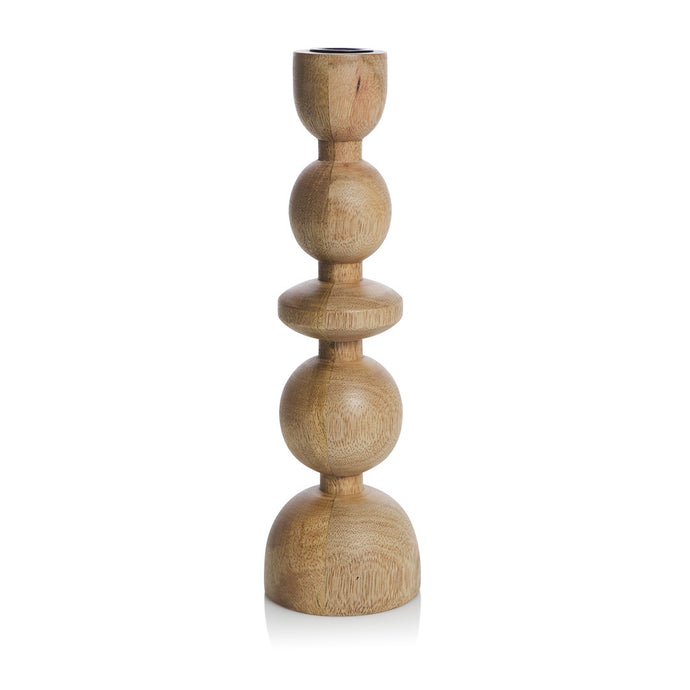 Taverna Kos Candlestick Set by Canvas + Sasson - An image of a mango wood candlestick with totem-inspired shapes, finished with a delicate varnish.
