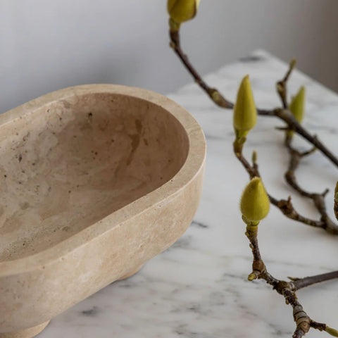 The Muse Footed Oval Tray Beige Travertine