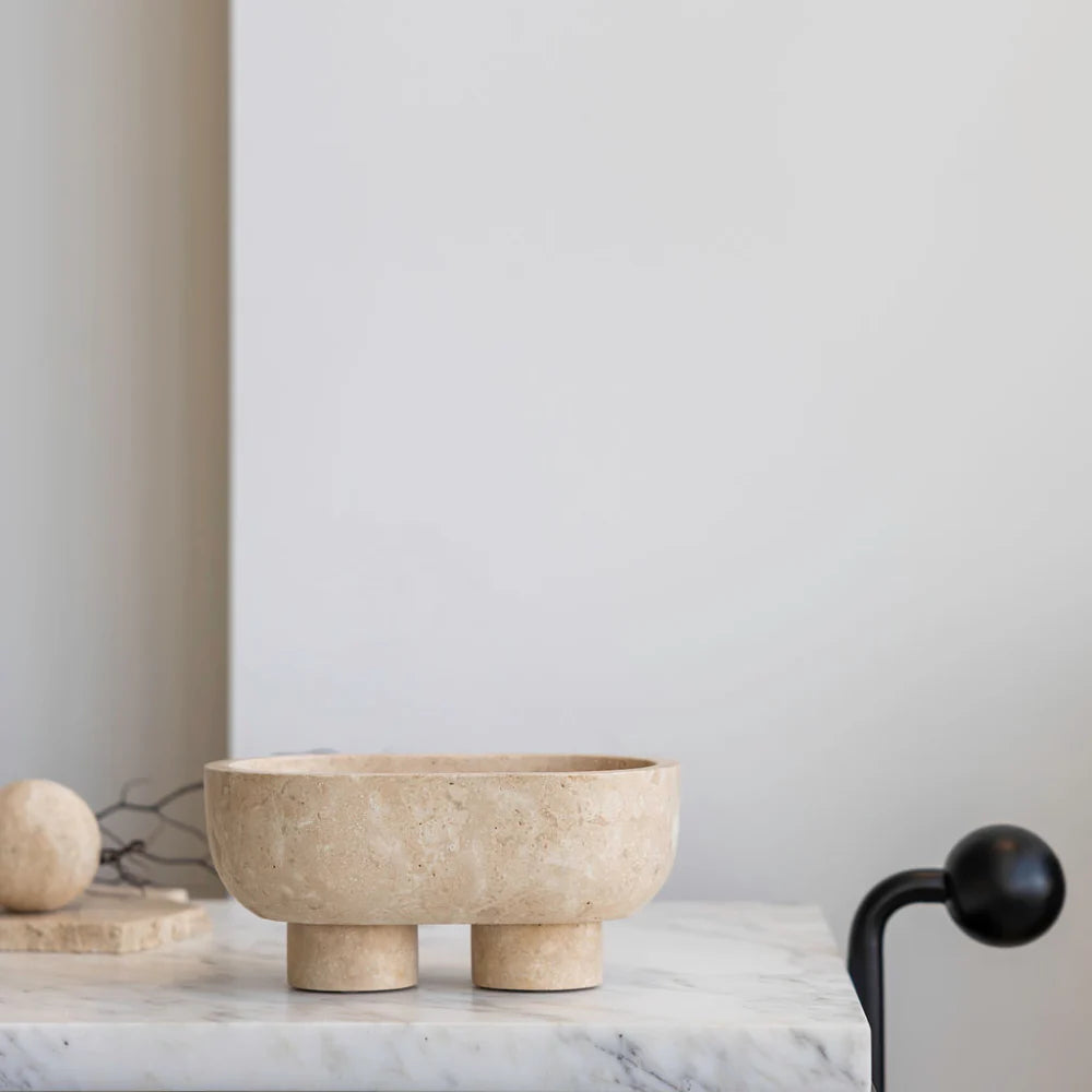 The Muse Footed Oval Tray Beige Travertine