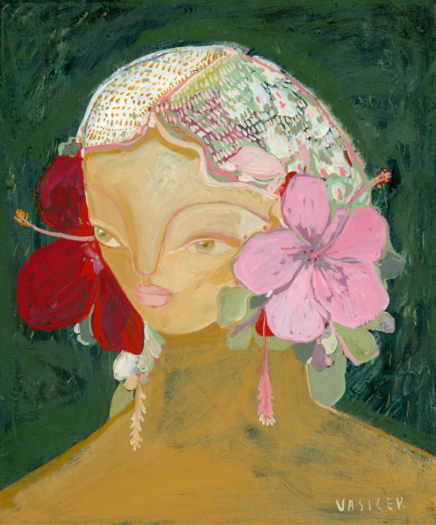 The Pink Hibiscus by Jai Vasicek - Portrait of a figure with pink and red flowers in her hair on an emerald green background