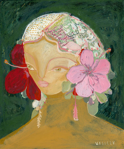 The Pink Hibiscus by Jai Vasicek - Portrait of a figure with pink and red flowers in her hair on an emerald green background