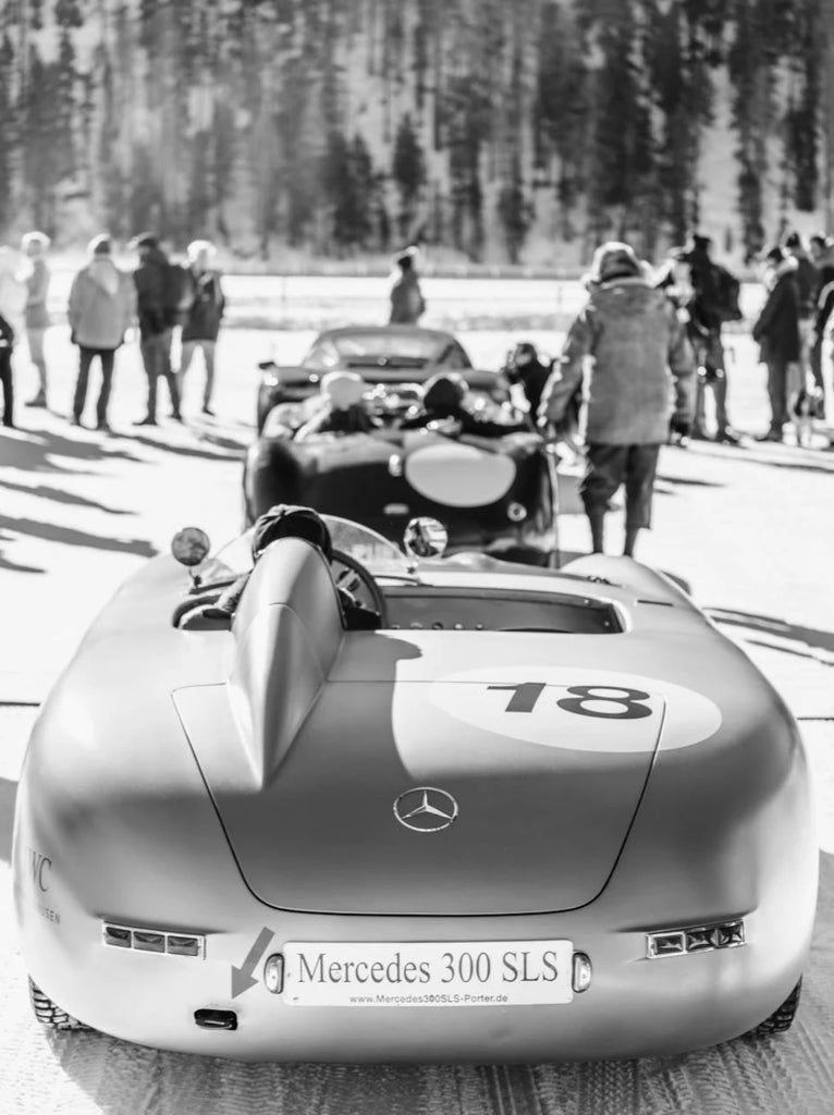 The Porter Special by Stuart Cantor - A black and white photography print of a Mercedes car at a vintage car race event in Switzerland.