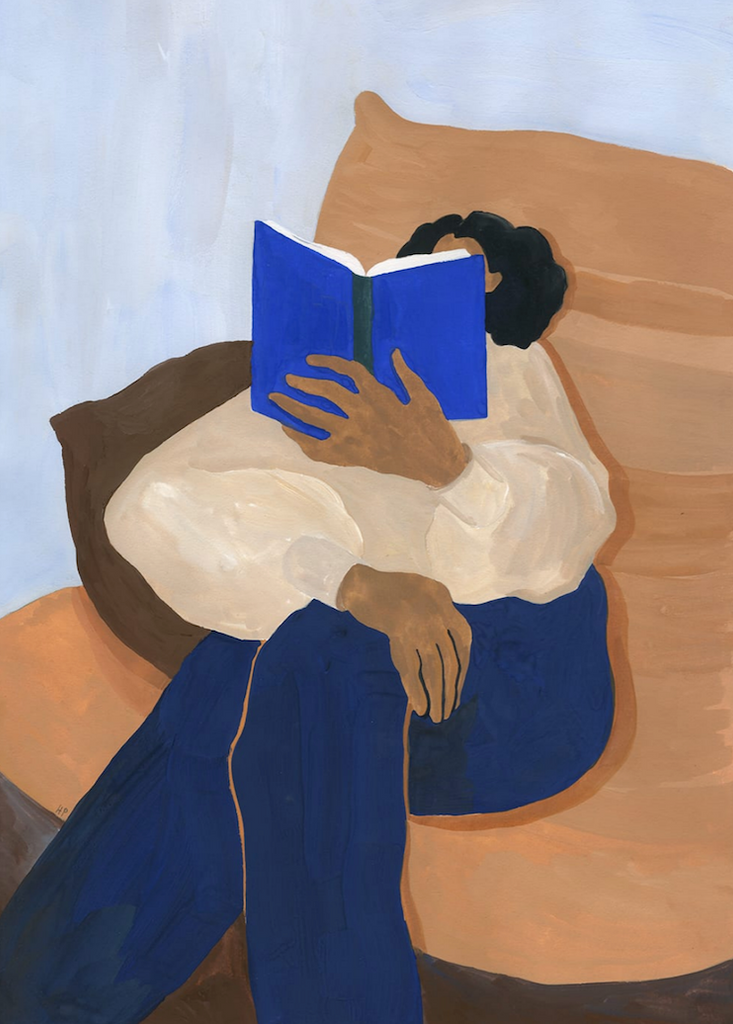 Togo by The Poster Club - An abstract art print of a person reading a book, in earthy tones and vibrant blues.