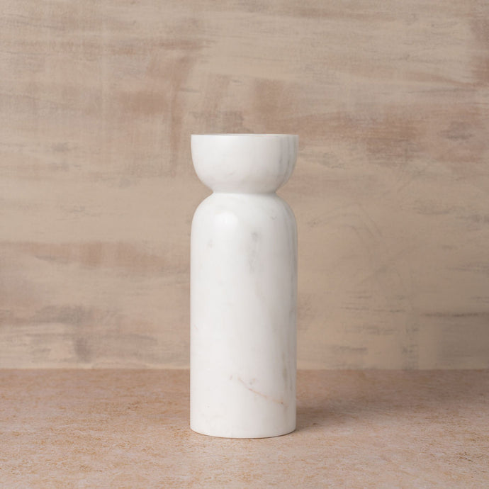 Toulin Marble Candle Holder White by Saardé - White marble candle holder with sculpted curves.