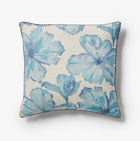Tulip Blue Cushion 60cm by Bonnie & Neil - A soft blue watercolour square cushion with Parrot Tulips in full bloom and a natural raffia trim.