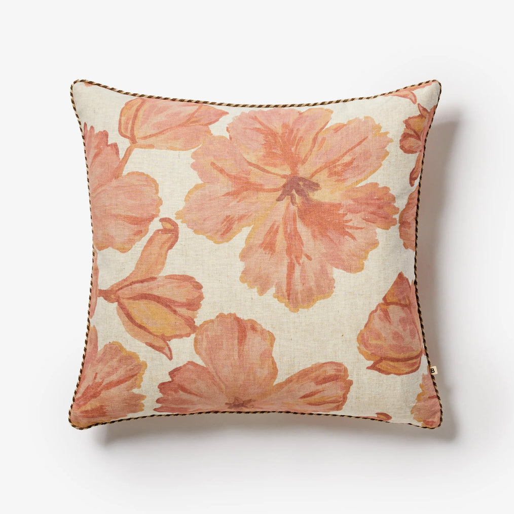 Tulip Pale Pink Cushion 60cm by Bonnie & Neil - A soft pink blush watercolour square cushion with Parrot Tulips in full bloom and a natural raffia trim.