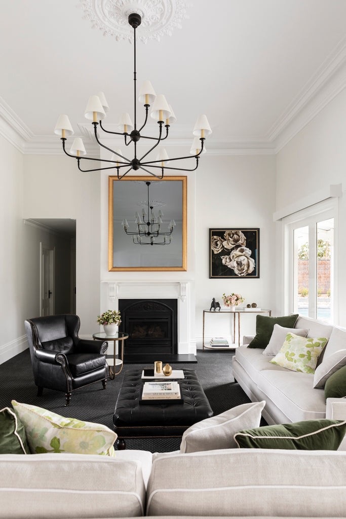 Vertical TV-Mirror in Gold Leaf Frame & Patterned Inner Frame - Gold TV-Mirror in vertical orientation above a fireplace in a formal living room.