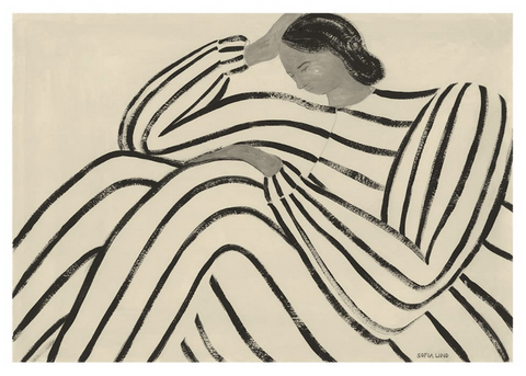 Waiting by The Poster Club - An abstract art print of an illustration of a lady featuring bold black and white stripes.