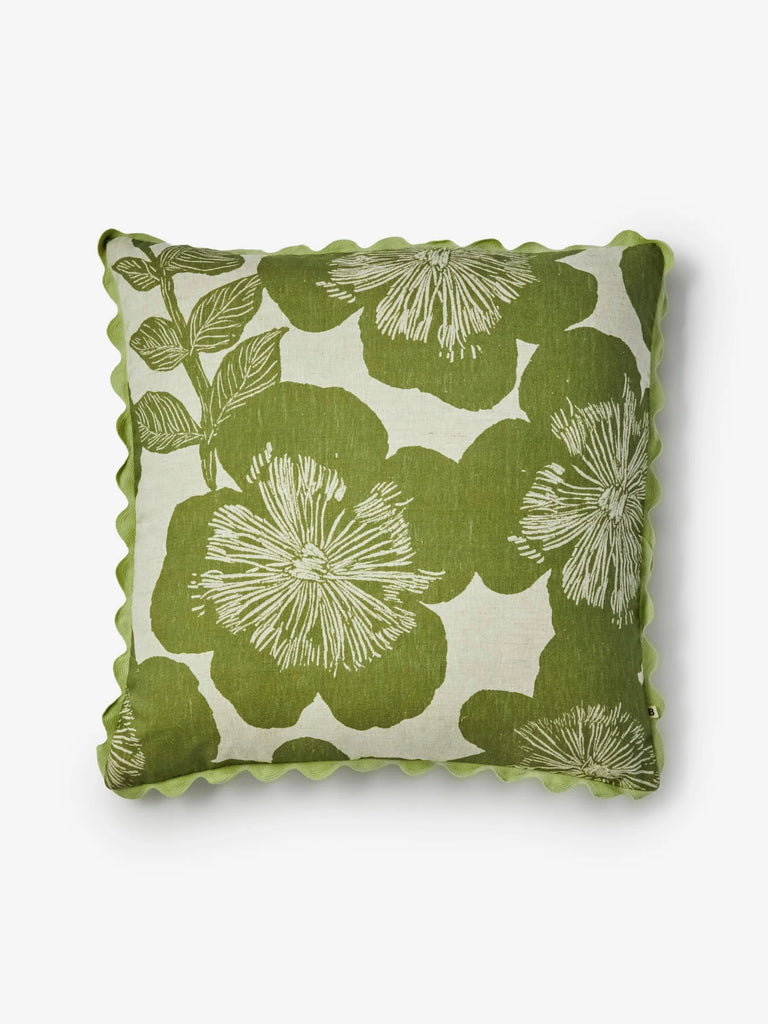 Jardin Floral Khaki Linen Cushion by Bonnie and Neil - Green floral cushion