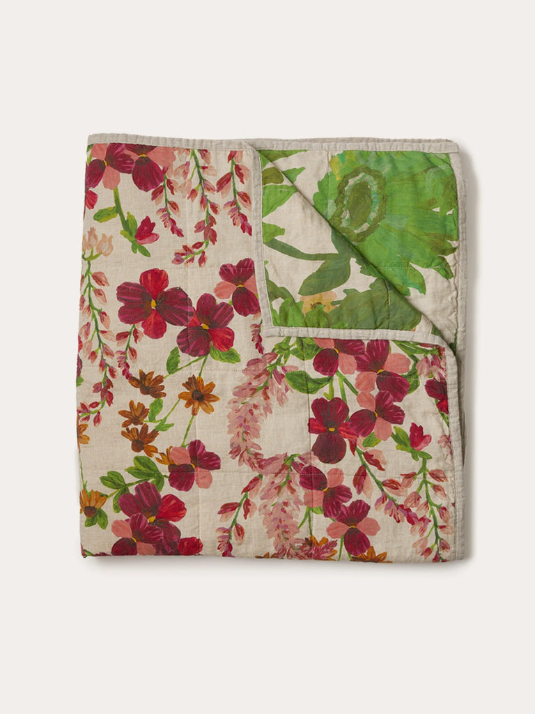 Lupin Multi & Marigold Leaf Linen Quilted Throw by Bonnie & Neil - Floral quilted throw with a reversible floral design on a white background