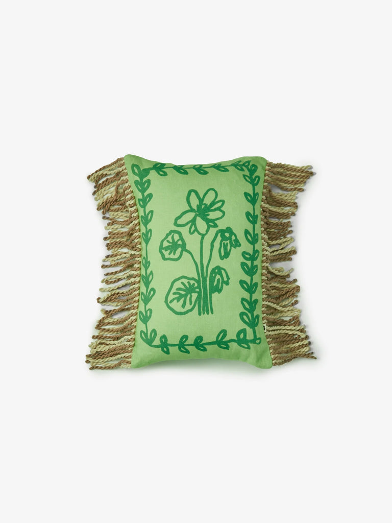 Petra Green Linen Cushion by Bonnie & Neil - Green throw cushion with floral patterns and fringes on a white background.