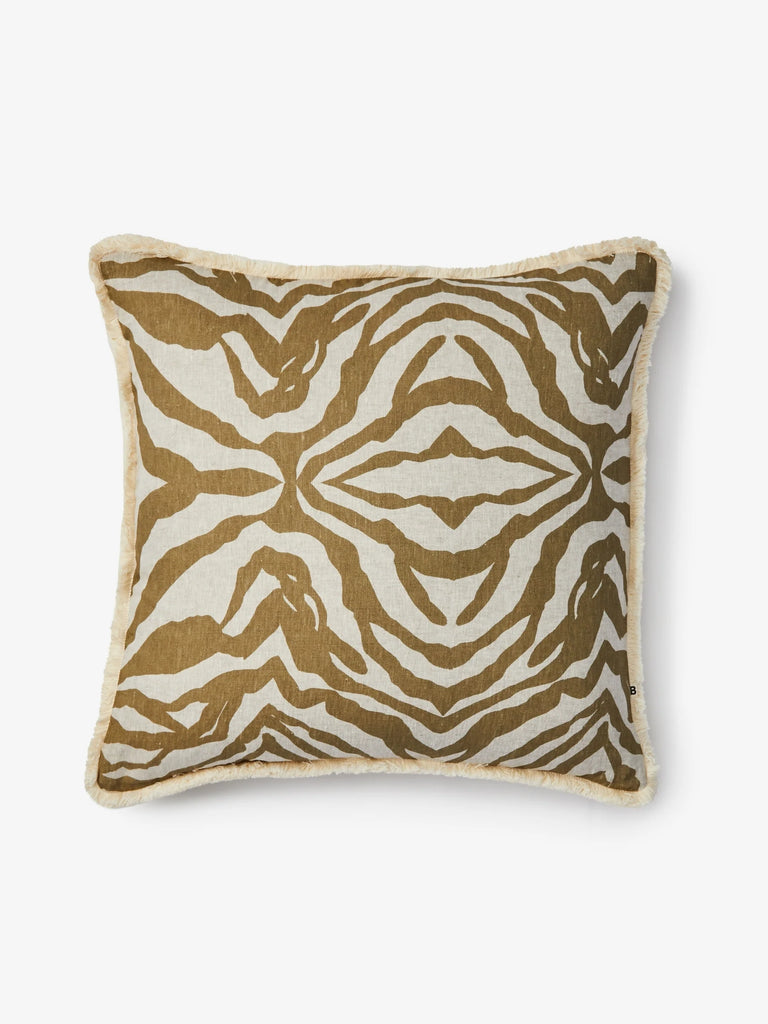 Zebra Olive Linen Cushion by Bonnie and Neil - Decorative pillow with animal print zebra pattern on a white background