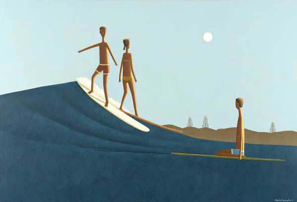 A Late Surf by Craig Parnaby - An artwork of three surfers playing in the ocean, with the coastline, trees and the moon in the background.