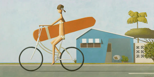 Afternoon Surf by Craig Parnaby - An artwork of a woman riding a bike holding a surfboard with a house in the background.