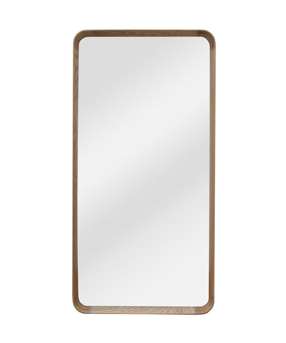 Aleena Oak Mirror by On Trend. A beautiful classically elegant addition to your interiors. Rounded rectangle mirror with a deep angled oak frame.