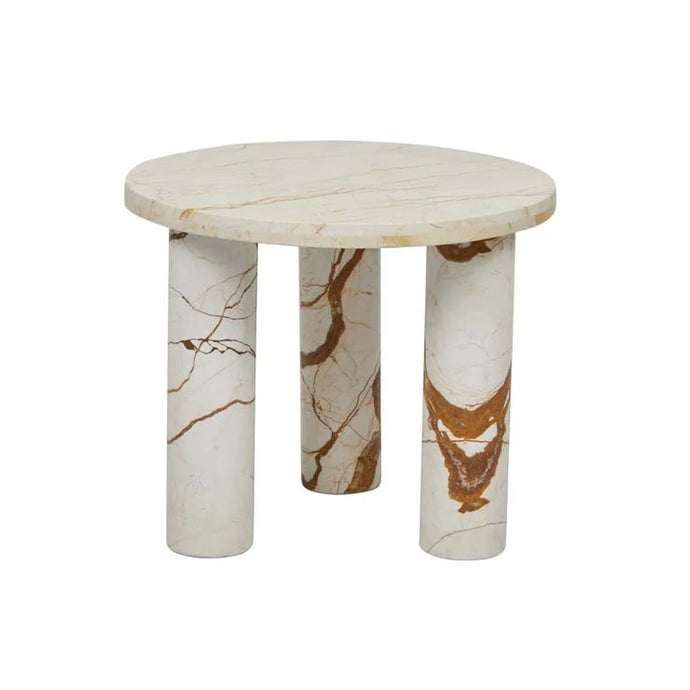Amara Round Leg Side Table by GlobeWest - a white marble with brown veining circular side table with three legs.