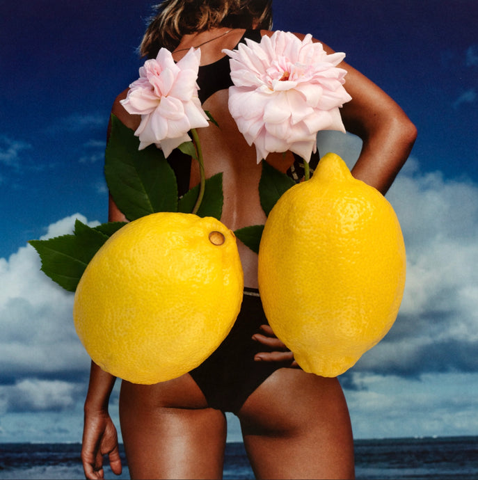 Beach Bum by Dina Broadhurst - A photograph of a girl in bathers at the beach with collage yellow lemons and pale pink flowers overlaying the image in a collage-style.