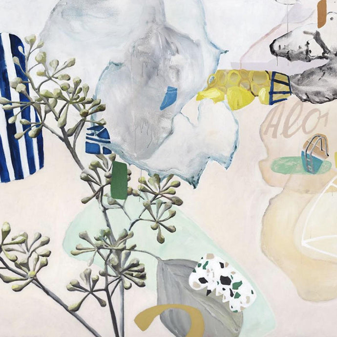 Bikini Bellini by Georgie Wilson - Abstract and realism combined,light pink, foliage, blue bags and objects