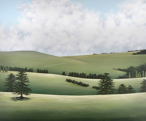 Buller Bound by Debbie Mackenzie - Painted landscape in greens with hills and trees and a beautifully cloudy sky
